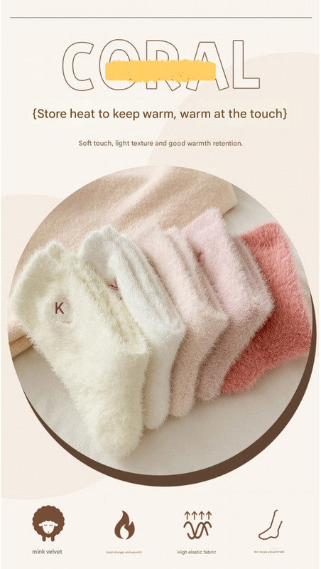 2-Piece Pale Pink Women's Ultra-Soft Fuzzy Socks - Plush Chenille Thermal Crew Socks with Heart Embroidery Tristar Online