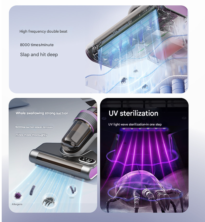 Purple Advanced Cordless UV-C Dust Mite Vacuum - Handheld Cleaner with Hot Air, Pulsating Pads & LED Display Tristar Online