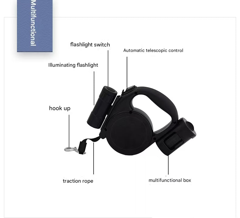 Blue 3-in-1 Retractable Dog Leash with LED Flashlight & Poop Bag Dispenser | Heavy Duty Tangle-Free Leash for Safe Night Walks Tristar Online