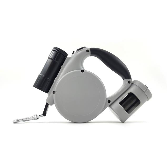 Grey 3-in-1 Retractable Dog Leash with LED Flashlight & Poop Bag Dispenser | Heavy Duty Tangle-Free Leash for Safe Night Walks Tristar Online