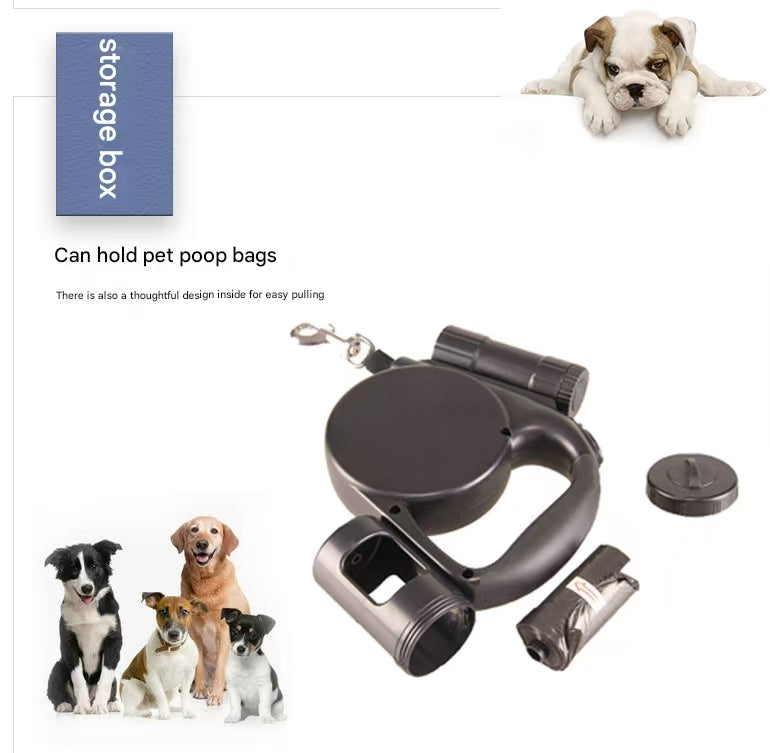 Grey 3-in-1 Retractable Dog Leash with LED Flashlight & Poop Bag Dispenser | Heavy Duty Tangle-Free Leash for Safe Night Walks Tristar Online