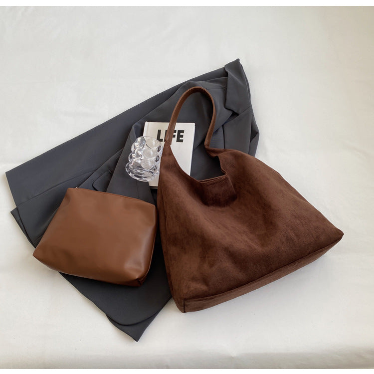 Coffee color Chic Faux Suede Tote Bag with Matching Pouch | Large Capacity Slouchy Shoulder Bag Tristar Online