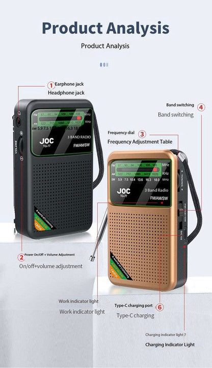 Golden JOC TG-77 Multi-Band Rechargeable Radio for Seniors - Automatic Channel Search, FM/AM/SW Bands Tristar Online