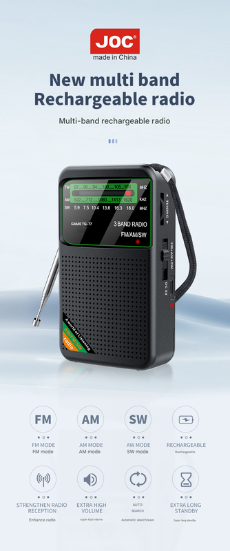 Black JOC TG-77 Multi-Band Rechargeable Radio for Seniors - Automatic Channel Search, FM/AM/SW Bands Tristar Online