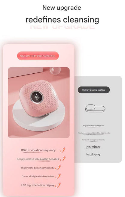Pink Portable Ultrasonic Contact Lens Cleaner - Automatic Electric Cleaning Case with LED Makeup Mirror, USB Rechargeable for Travel & Home Tristar Online