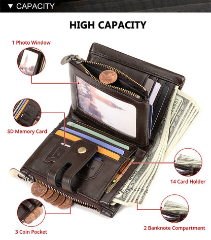 Brown Genuine Leather Men's RFID Blocking Wallet - High Capacity Trifold with Zipper Coin Pocket Tristar Online