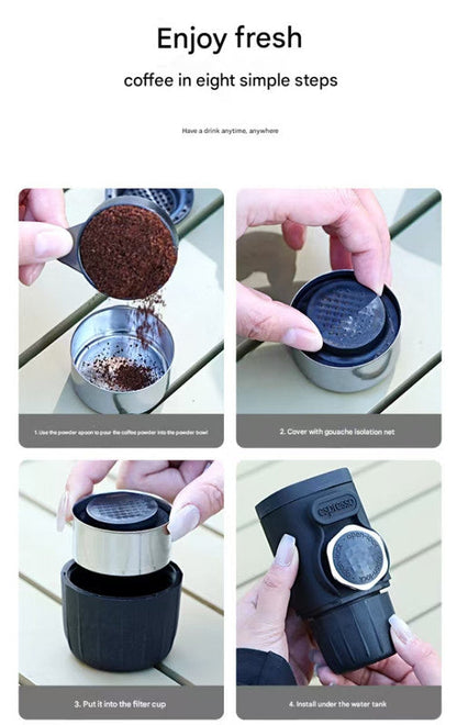 White Portable Hand Press Espresso Machine - Compatible with Espresso Capsules and Ground Coffee for Home, Travel, and Outdoor Use Tristar Online