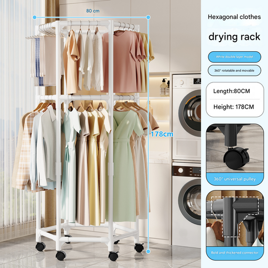 White double layer 360° Rotating Portable Garment Rack - Heavy Duty Rolling Clothes Stand with Wheels for Bedroom & Laundry Tristar Online