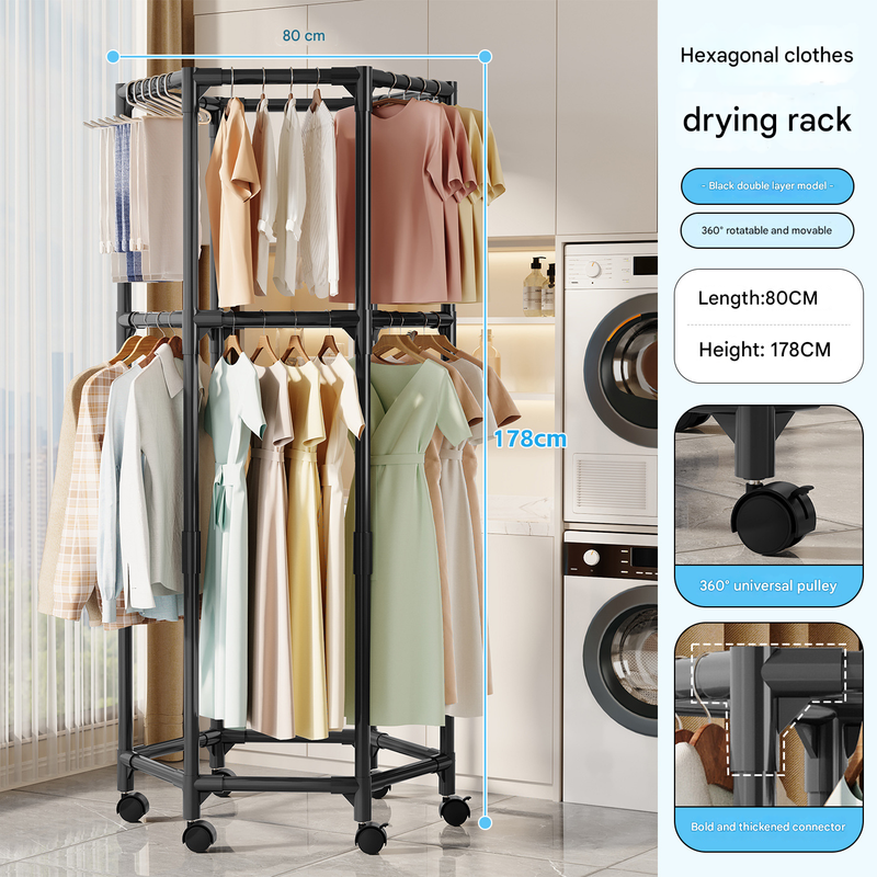 Black double layer  360° Rotating Portable Garment Rack - Heavy Duty Rolling Clothes Stand with Wheels for Bedroom & Laundry Tristar Online