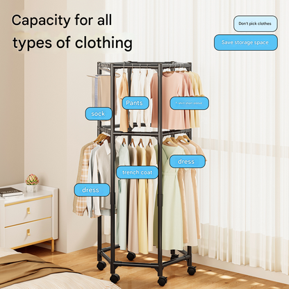 Black double layer  360° Rotating Portable Garment Rack - Heavy Duty Rolling Clothes Stand with Wheels for Bedroom & Laundry Tristar Online