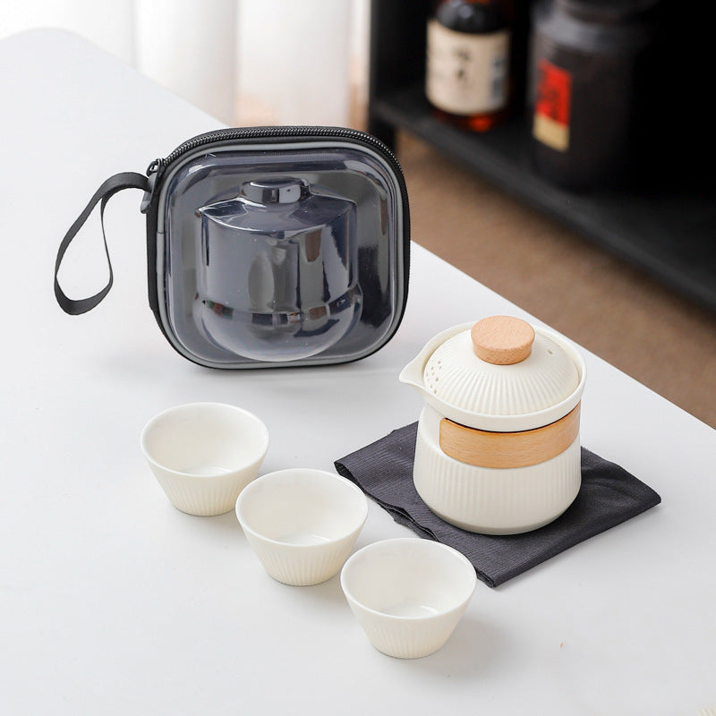 Portable Ceramic Travel Tea Set - One Pot Three Cups with Carrying Case, Elegant Frosted Finish(white) Tristar Online