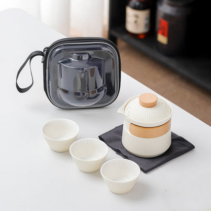 Portable Ceramic Travel Tea Set - One Pot Three Cups with Carrying Case, Elegant Frosted Finish(white) Tristar Online
