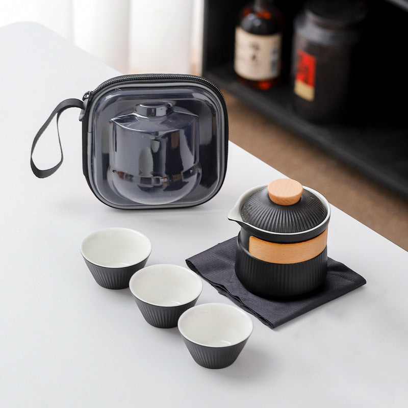 Portable Ceramic Travel Tea Set - One Pot Three Cups with Carrying Case, Elegant Frosted Finish(black) Tristar Online