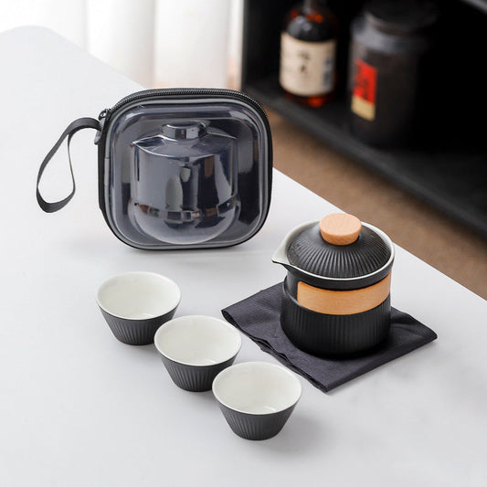 Portable Ceramic Travel Tea Set - One Pot Three Cups with Carrying Case, Elegant Frosted Finish(black) Tristar Online