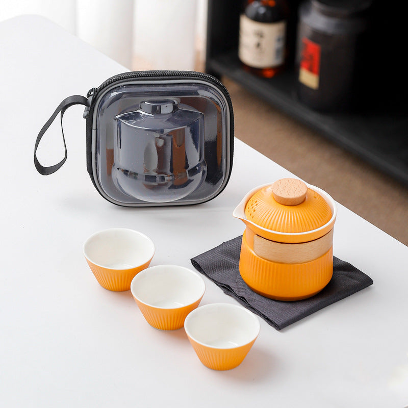 Portable Ceramic Travel Tea Set - One Pot Three Cups with Carrying Case, Elegant Frosted Finish(yellow) Tristar Online