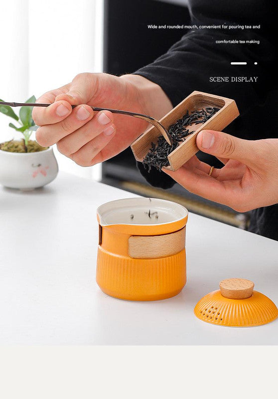 Portable Ceramic Travel Tea Set - One Pot Three Cups with Carrying Case, Elegant Frosted Finish(yellow) Tristar Online