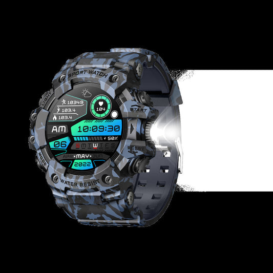 Rugged Outdoor Sport Smartwatch - HD Display, Compass, Flashlight, 100+ Sports Modes, Health Monitoring & Bluetooth Calls(Camouflage blue) Tristar Online