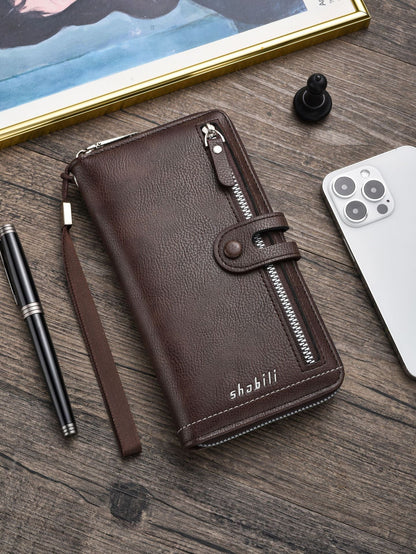 Two pieces High-Capacity PU Leather Clutch Wallet - Unisex Design with Wrist Strap, Zipper & Multiple Card Slots(Dark brown) Tristar Online