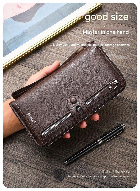 Two pieces High-Capacity PU Leather Clutch Wallet - Unisex Design with Wrist Strap, Zipper & Multiple Card Slots(Dark brown) Tristar Online