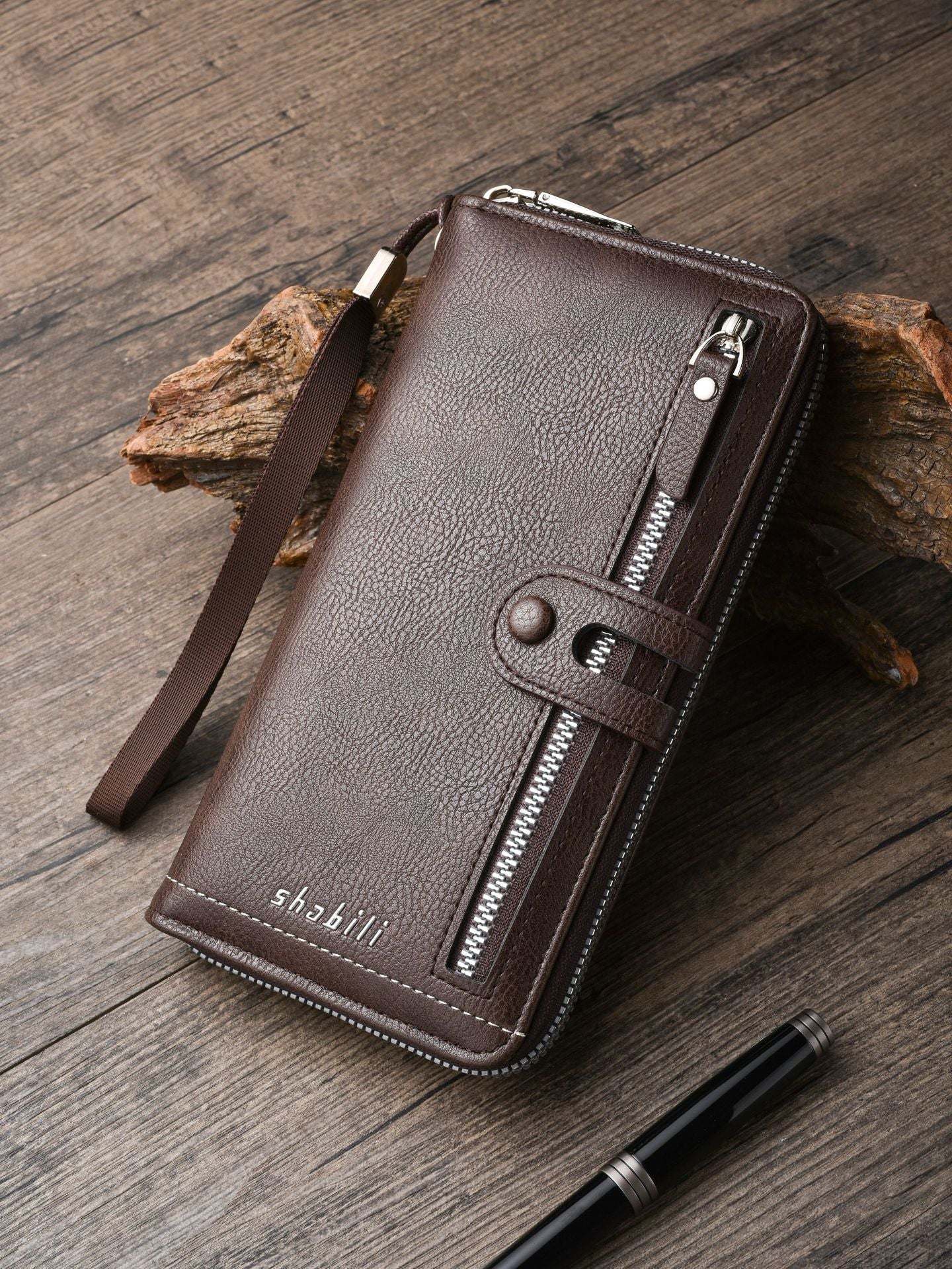 Two pieces High-Capacity PU Leather Clutch Wallet - Unisex Design with Wrist Strap, Zipper & Multiple Card Slots(Light brown) Tristar Online