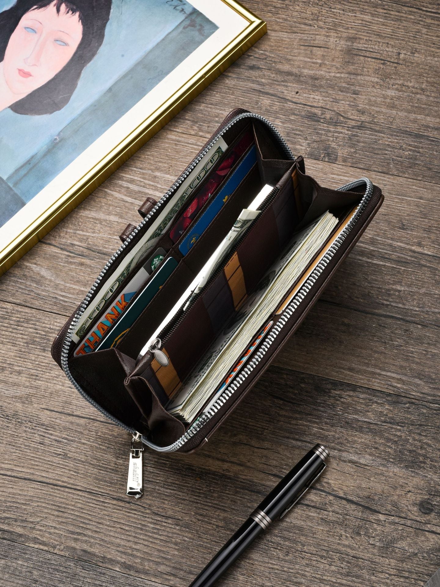 Two pieces High-Capacity PU Leather Clutch Wallet - Unisex Design with Wrist Strap, Zipper & Multiple Card Slots(Light brown) Tristar Online
