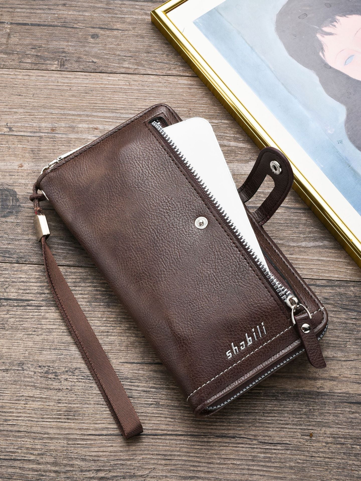 Two pieces High-Capacity PU Leather Clutch Wallet - Unisex Design with Wrist Strap, Zipper & Multiple Card Slots(Light brown) Tristar Online