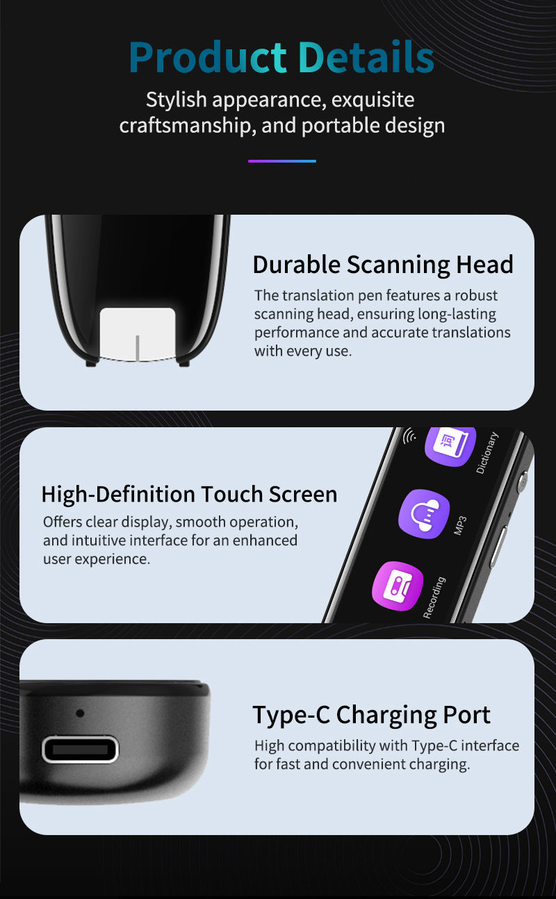 Smart AI Scan & Voice Translator Pen - 112+ Languages, Offline Mode, HD Touchscreen & Dictionary(black) Tristar Online