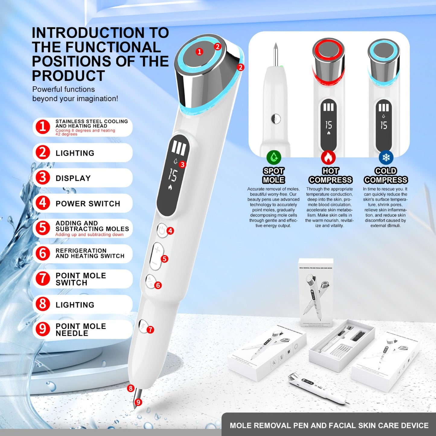 Advanced 3-in-1 Skin Care Device: 15-Level Spot Remover Pen with Hot & Cold Facial Therapy(White) Tristar Online