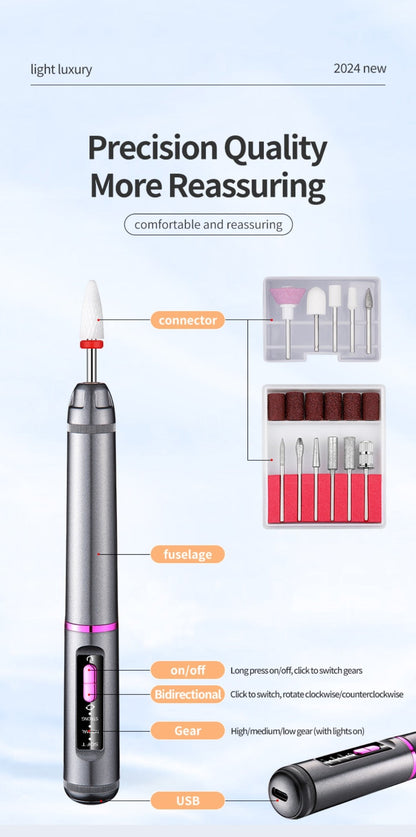 Professional Electric Nail Drill Pen Kit - 3-Speed, Bidirectional, Rechargeable Manicure & Pedicure Tool(Silver Gray) Tristar Online