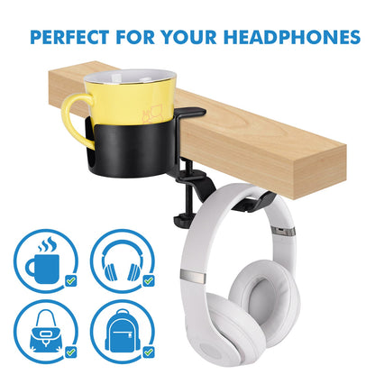 Heavy-Duty All-Metal Desk Clamp with 360-Degree Swivel Headphone Hanger & Cup Holder(black) Tristar Online