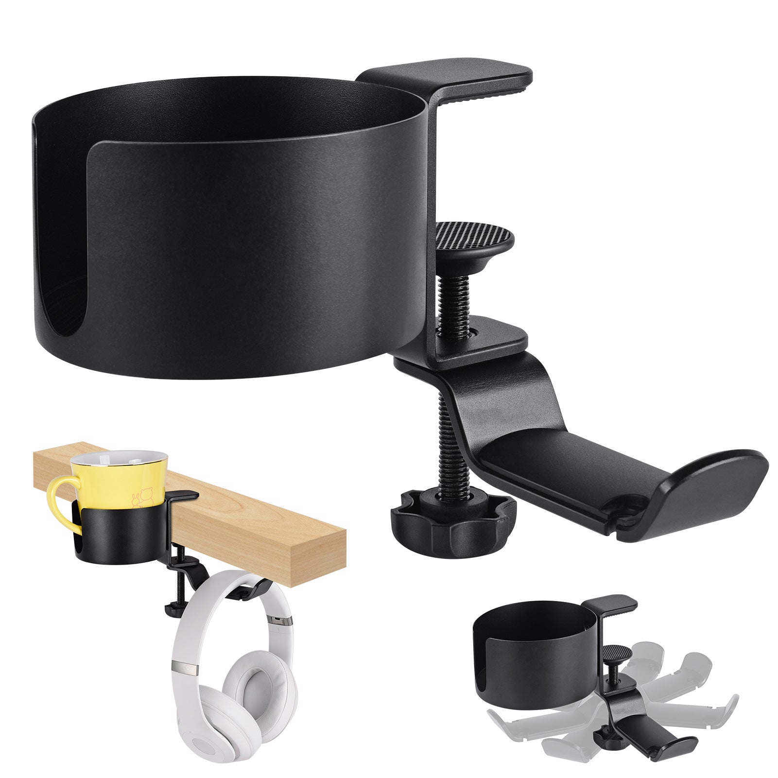 Heavy-Duty All-Metal Desk Clamp with 360-Degree Swivel Headphone Hanger & Cup Holder(black) Tristar Online