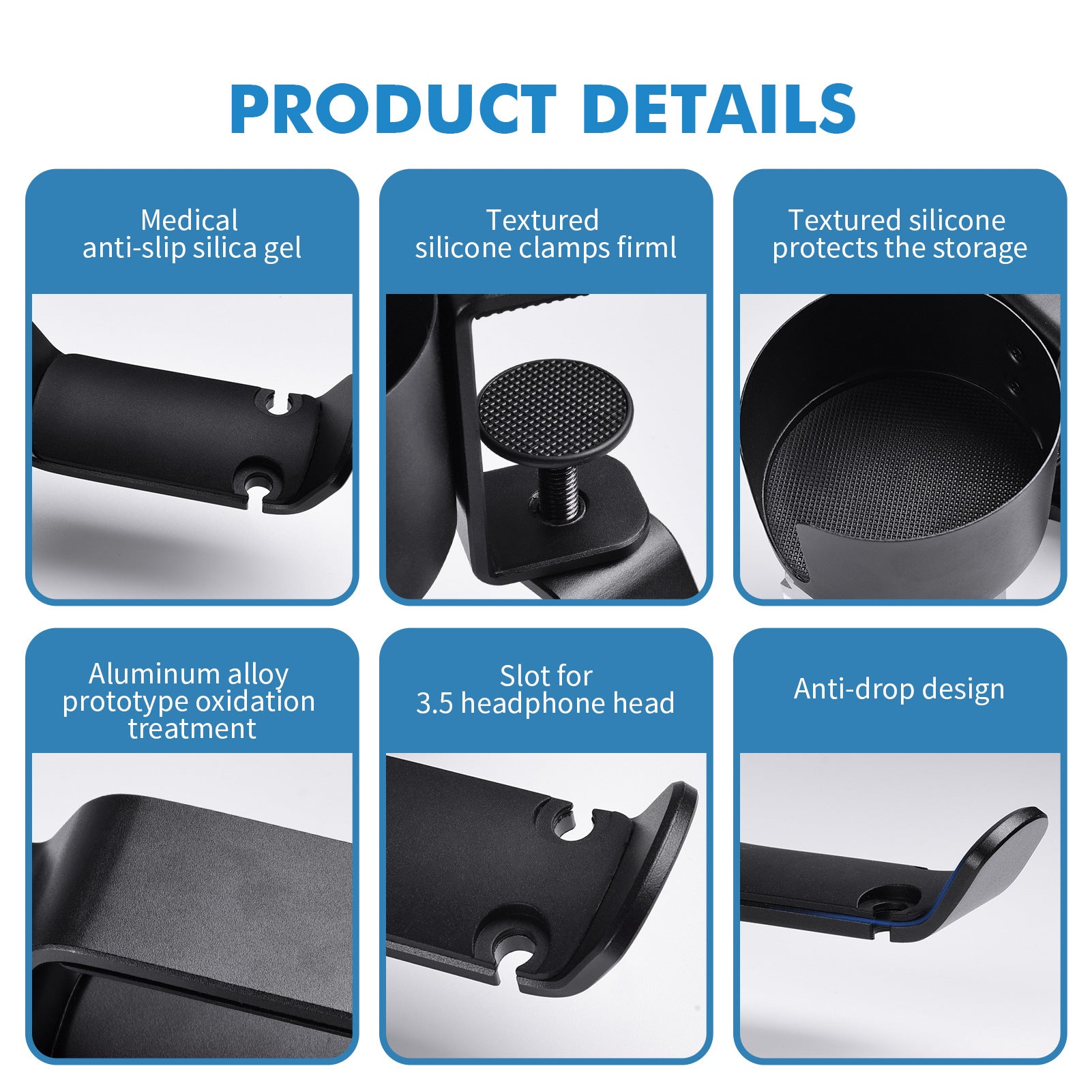 Heavy-Duty All-Metal Desk Clamp with 360-Degree Swivel Headphone Hanger & Cup Holder(black) Tristar Online