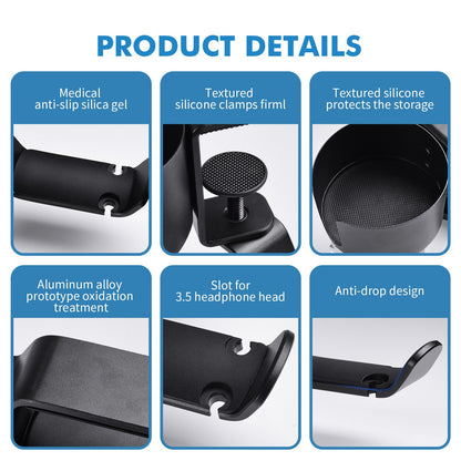 Heavy-Duty All-Metal Desk Clamp with 360-Degree Swivel Headphone Hanger & Cup Holder(black) Tristar Online