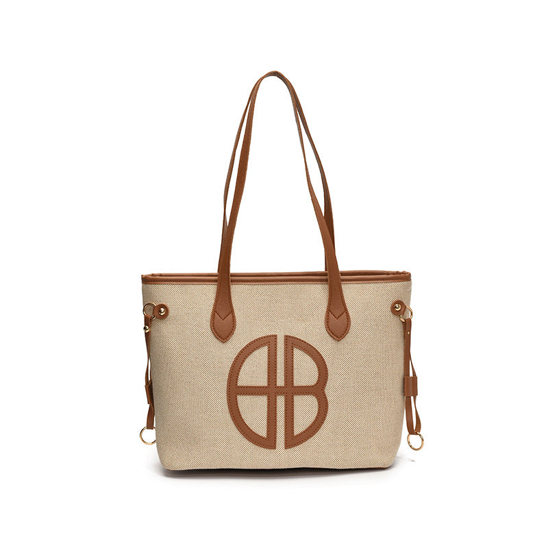 Stylish Large Capacity Tote Bag with PU Leather Trim & Logo Detail(Beige with brown) Tristar Online
