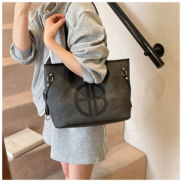 Stylish Large Capacity Tote Bag with PU Leather Trim & Logo Detail(Beige with brown) Tristar Online