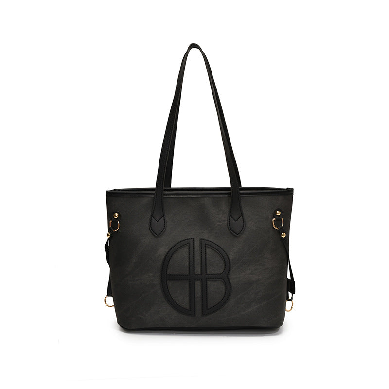 Stylish Large Capacity Tote Bag with PU Leather Trim & Logo Detail(black) Tristar Online