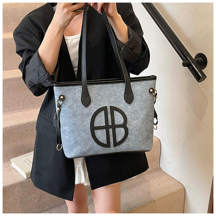 Stylish Large Capacity Tote Bag with PU Leather Trim & Logo Detail(black) Tristar Online