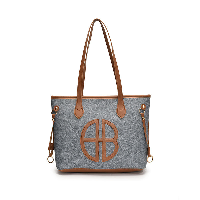 Stylish Large Capacity Tote Bag with PU Leather Trim & Logo Detail(Blue and Brown) Tristar Online