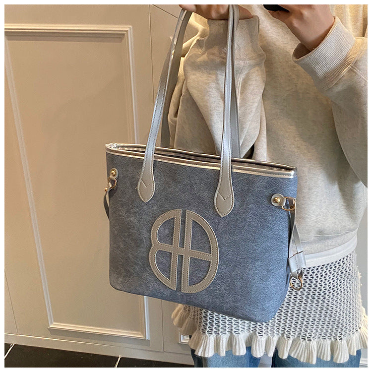 Stylish Large Capacity Tote Bag with PU Leather Trim & Logo Detail(Blue and Brown) Tristar Online