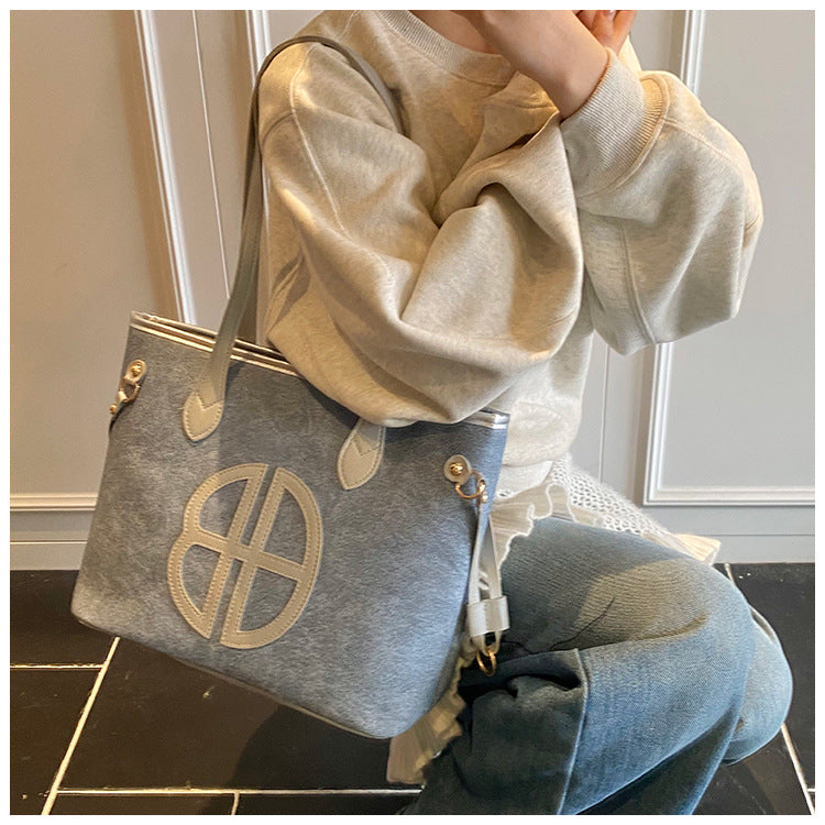 Stylish Large Capacity Tote Bag with PU Leather Trim & Logo Detail(Blue and Brown) Tristar Online