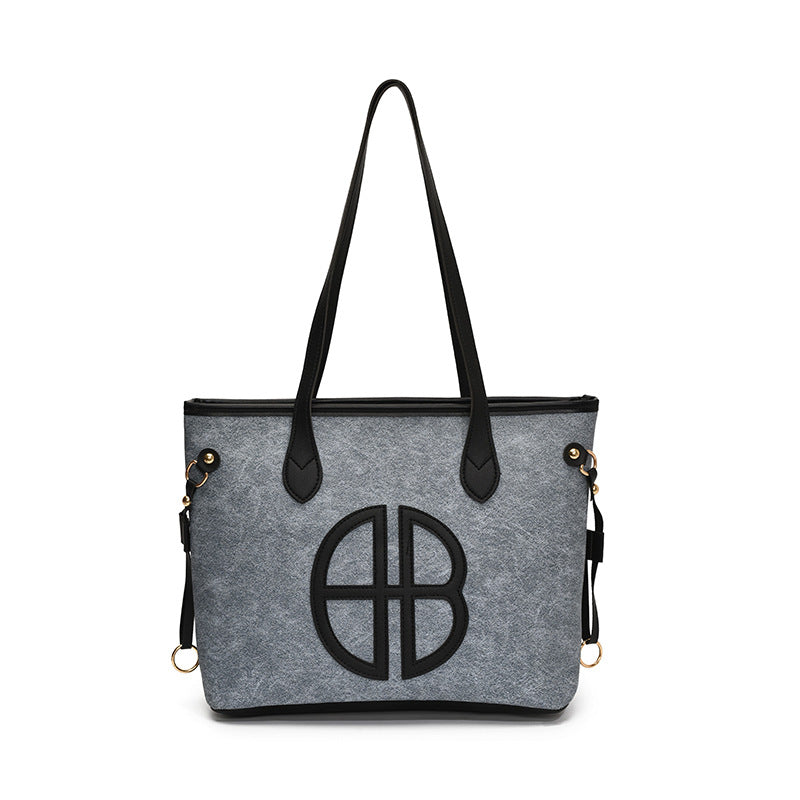 Stylish Large Capacity Tote Bag with PU Leather Trim & Logo Detail(Blue with black) Tristar Online
