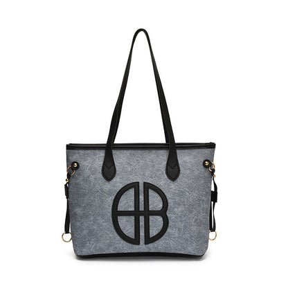 Stylish Large Capacity Tote Bag with PU Leather Trim & Logo Detail(Blue with black) Tristar Online