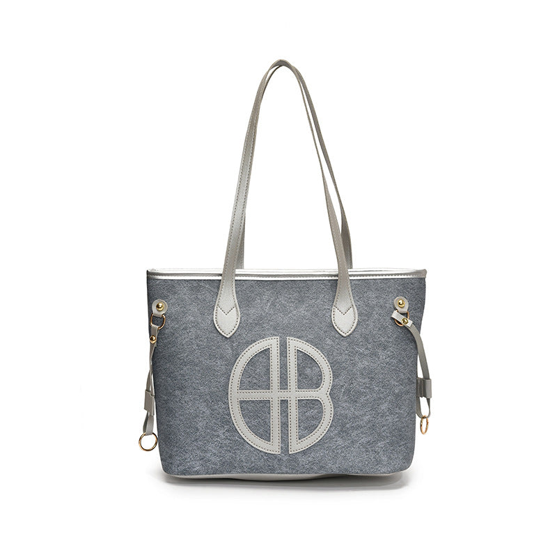 Stylish Large Capacity Tote Bag with PU Leather Trim & Logo Detail(Blue with Silver) Tristar Online