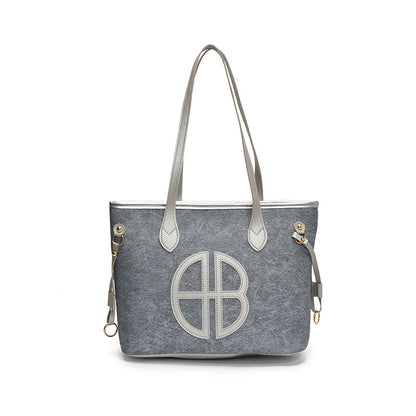 Stylish Large Capacity Tote Bag with PU Leather Trim & Logo Detail(Blue with Silver) Tristar Online