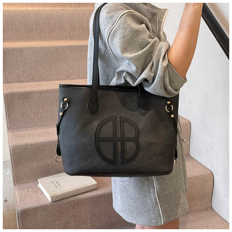 Stylish Large Capacity Tote Bag with PU Leather Trim & Logo Detail(Blue with Silver) Tristar Online