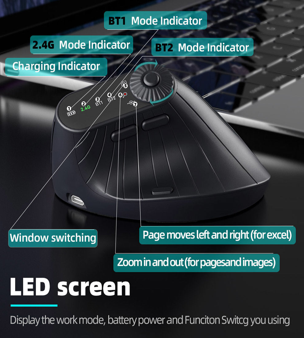 Ergonomic Vertical Mouse - 2.4G/Bluetooth Multi-Mode, LED Display, 57-Degree Angle, & 400mAh Battery(Black) Tristar Online