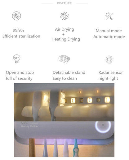 Smart UVC Toothbrush Sterilizer & Holder with Heat Drying, Radar Sensor Night Light(white) Tristar Online