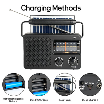 Portable Solar Powered 3-Band AM/FM/SW Radio with Bluetooth Speaker & Multiple Charging Options(black) Tristar Online