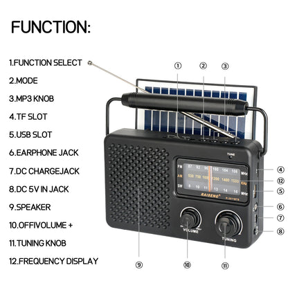 Portable Solar Powered 3-Band AM/FM/SW Radio with Bluetooth Speaker & Multiple Charging Options(black) Tristar Online