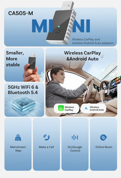 Mini 2-in-1 Wireless CarPlay & Android Auto Adapter - 5GHz WiFi 6, Bluetooth 5.4, Plug & Play Dongle(black) Tristar Online